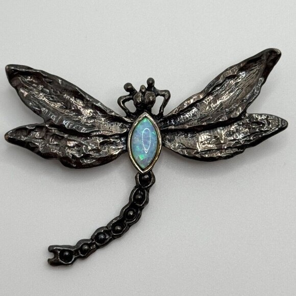 Sterling Silver B Signed Lab Opal Dragonfly Brooch - Picture 1 of 13